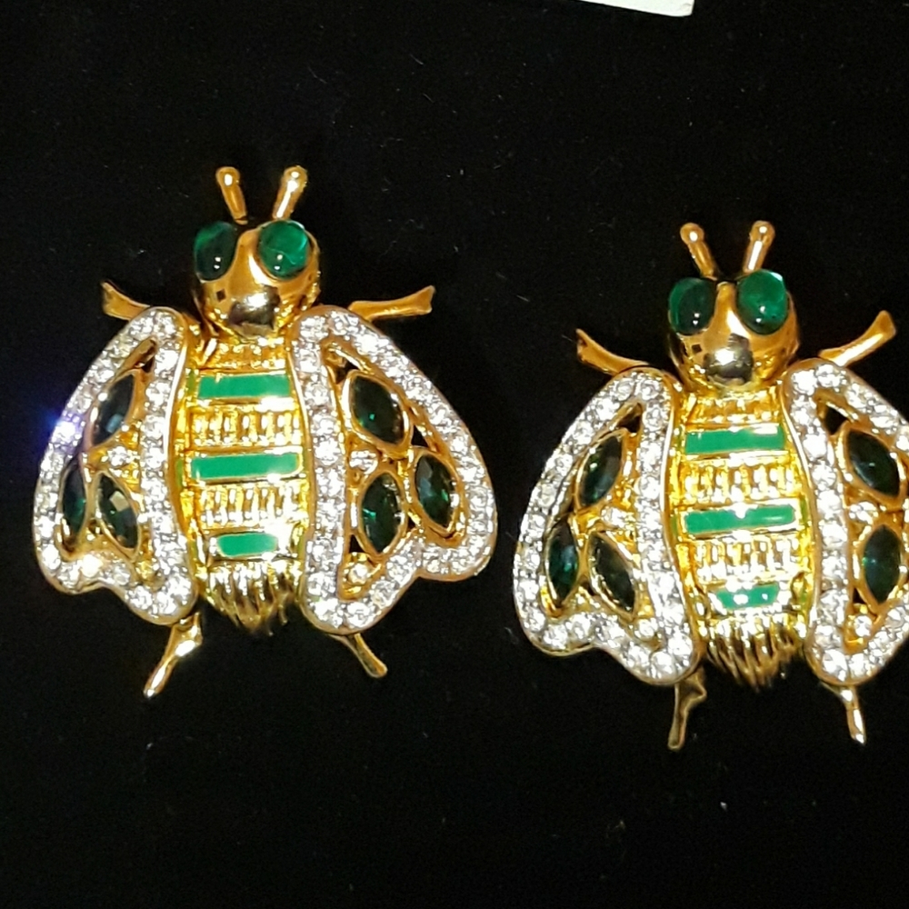 Vintage Bug Valentino Clip Earrings  1.5" Gorgeous Gold Metal &Colorful Crystals